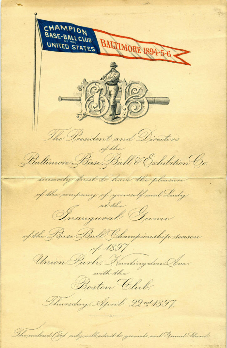 1897 Baltimore Oriole Inaugural Game Invitation